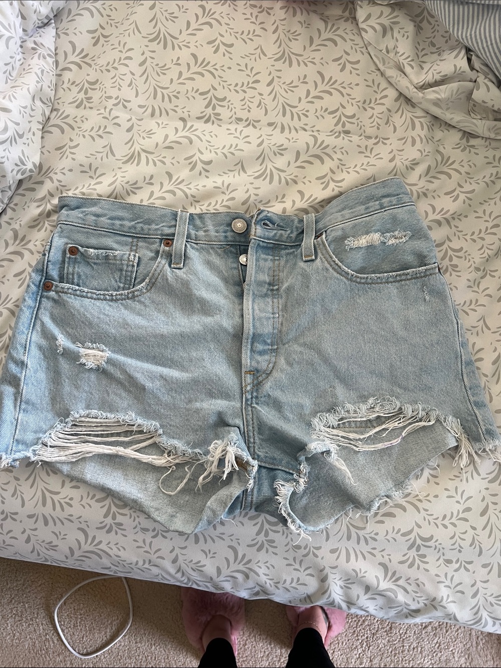 Levi's Light Blue Distressed High-Rise Denim Shorts